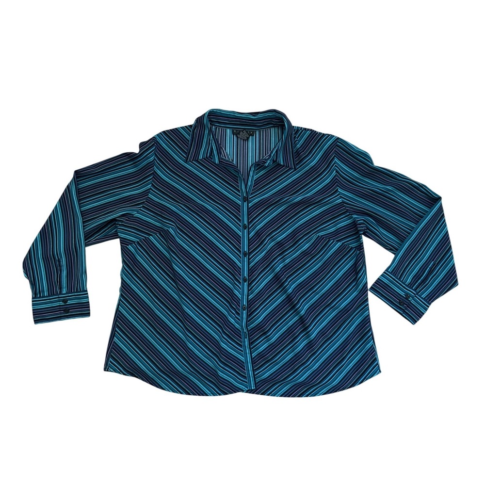 Vintage Ninety 3X Teal Blue Striped Button Up‎ Long Sleeve Blouse  preppy office